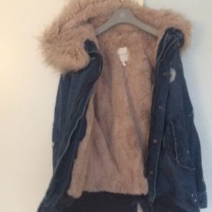 Trendy Denim winter coat w faux fur throughout